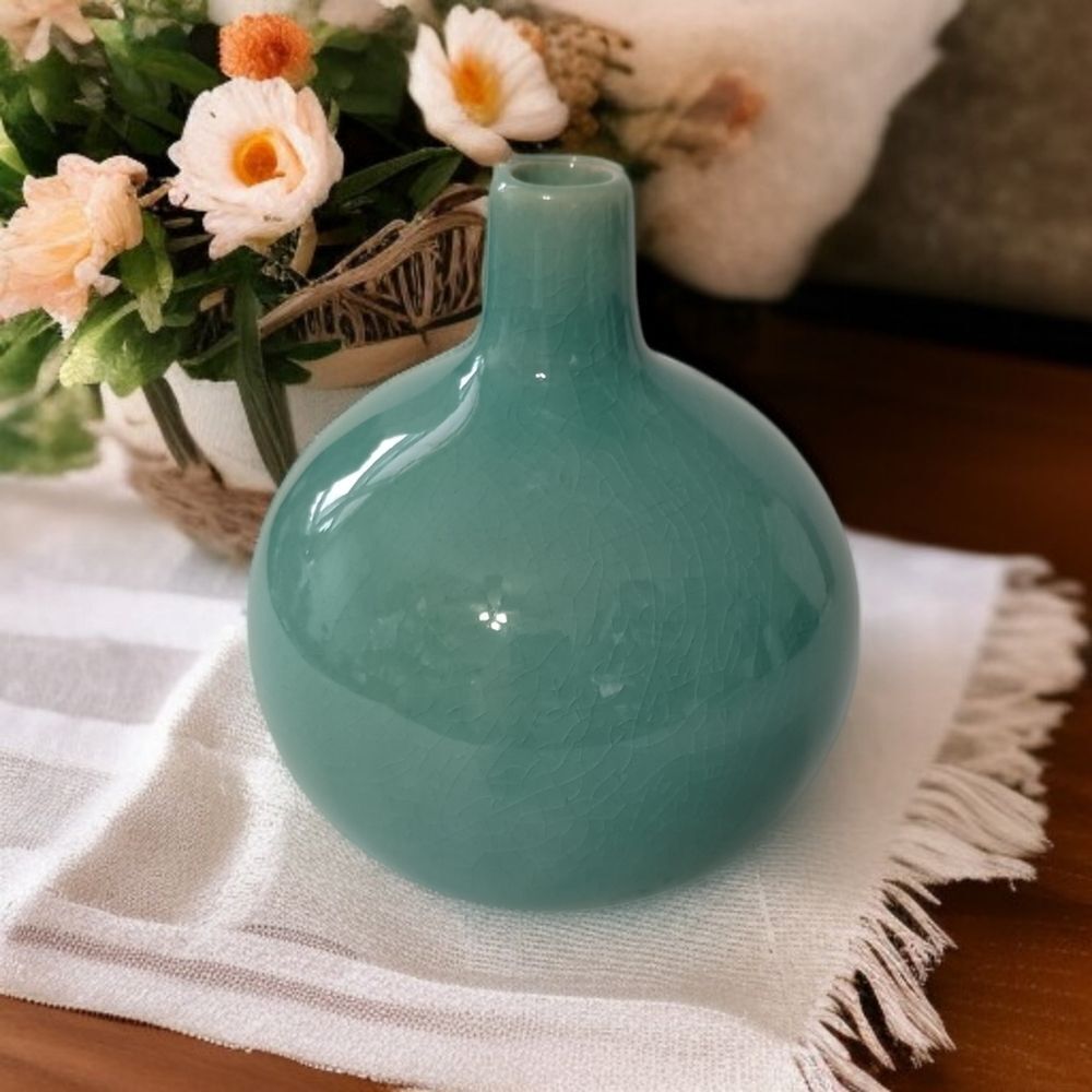 Crate & Barrel Bud Vase Perry Aqua Round Ball Ikebana Coastal‎ Beach House Farm.